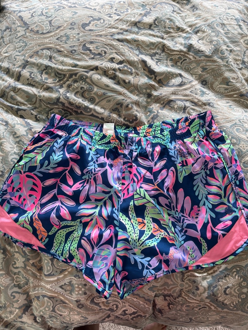 Lilly Pulitzer Navy Athletic Shorts with Pink & Green Tropical Print